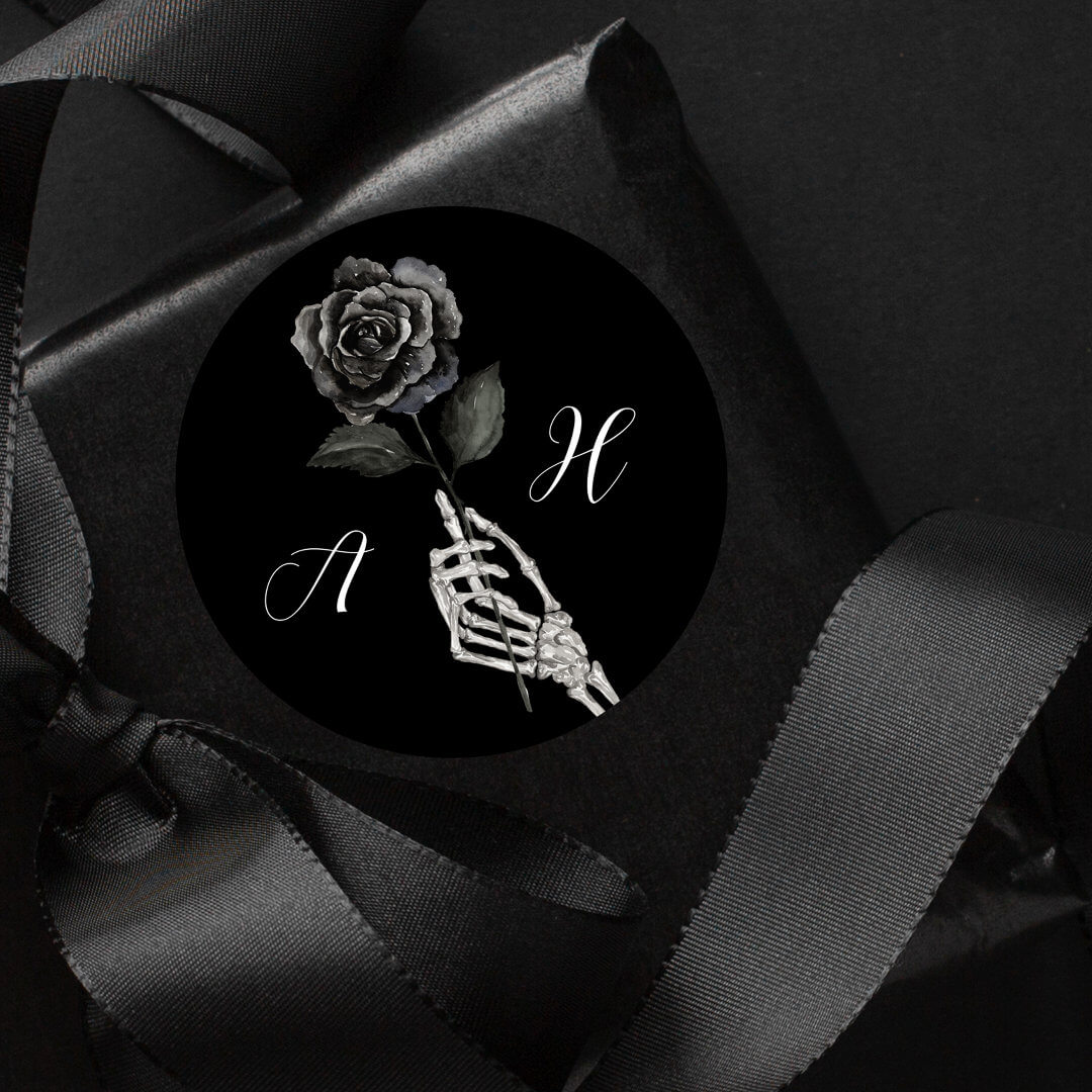 Gothic Halloween Black Wedding Skeleton Hand Rose Classic Round Black Sticker