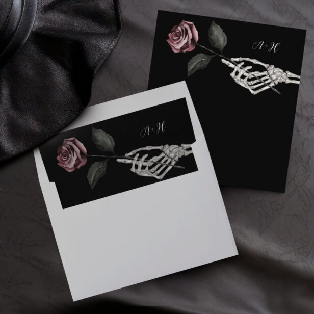 Gothic Halloween Black Wedding Skeleton Hand Rose Envelope Liner