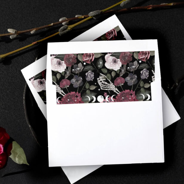 Gothic Halloween Skeleton Hand Floral Wedding Envelope Liner