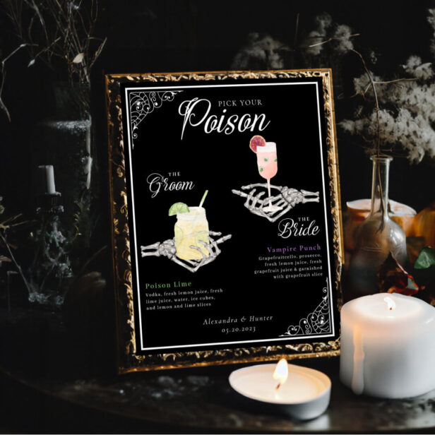 Pick Your Poison Skeleton Bride & Groom Cocktails Poster