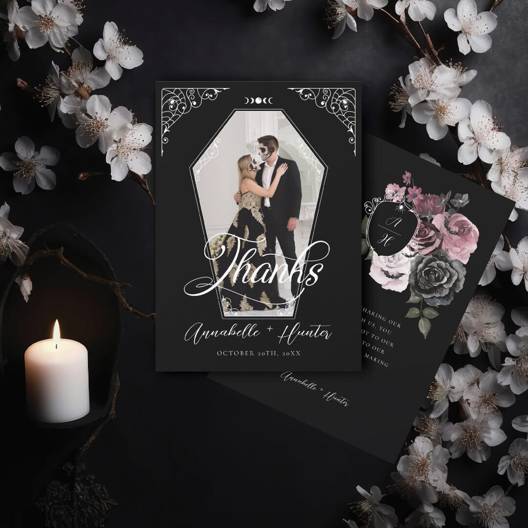 Script Coffin Photo Gothic Halloween Wedding Thank You Card