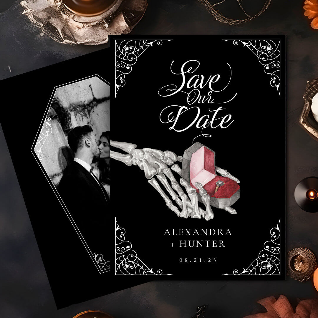 Skeleton Hand Ring Gothic Wedding Save the Date Invitation