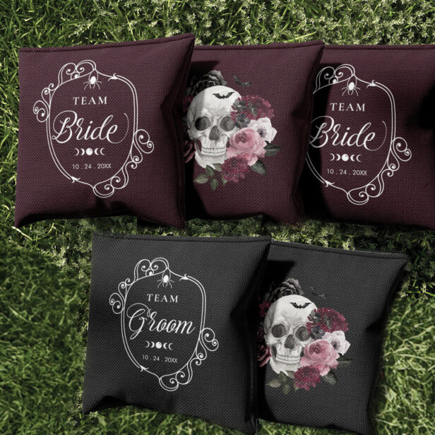 Team Bride & Groom Halloween Gothic Floral Skull Cornhole Bags