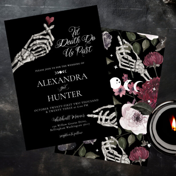 Til Death Watercolor Skeleton Hands Gothic Wedding Black Invitation