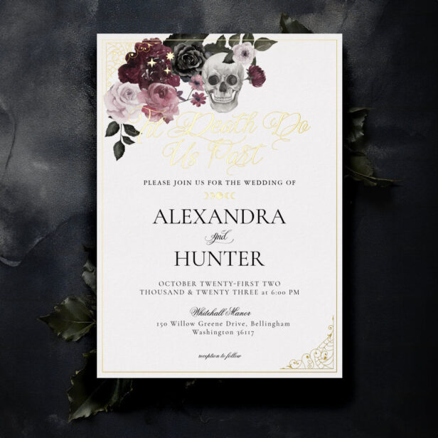 Til Death Watercolor Skull Rose Gothic Wedding Foil White Invitation