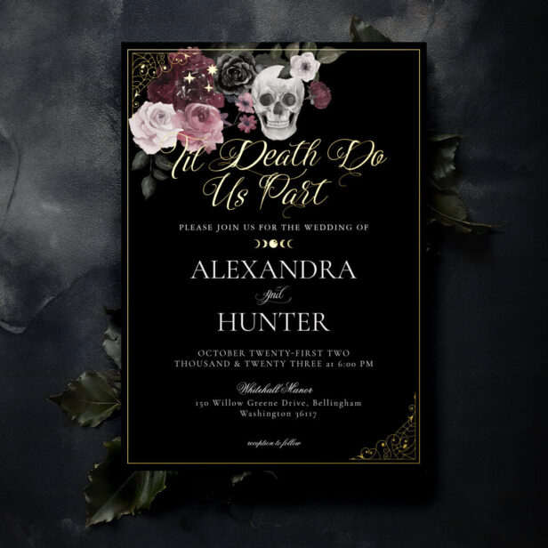 Til Death Watercolor Skull Rose Gothic Wedding Foil Black Invitation