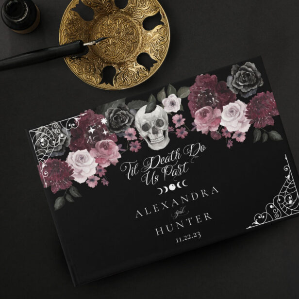 Til Death Watercolor Skull Rose Gothic Wedding Guest Book