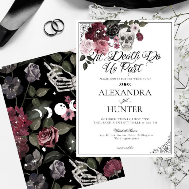 Til Death Watercolor Skull Rose Gothic Wedding White Invitation