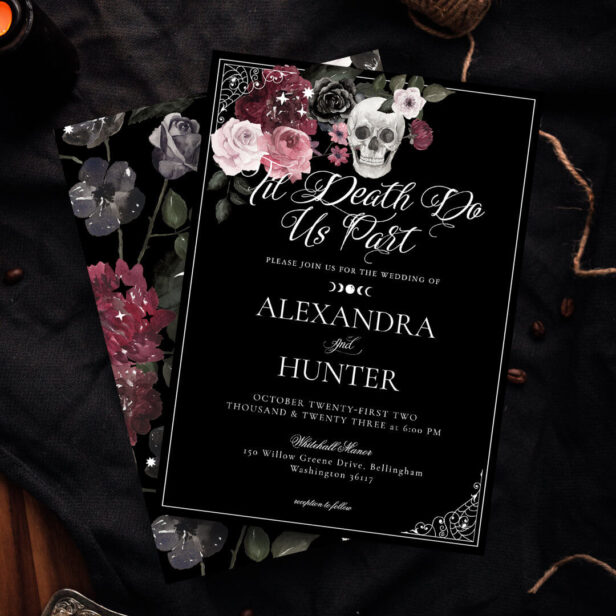 Til Death Watercolor Skull Rose Gothic Wedding Invitation