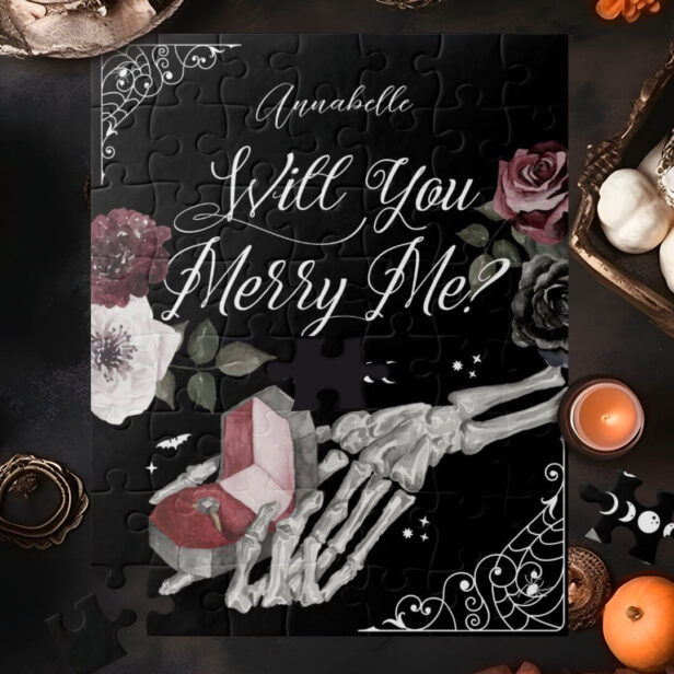 Will You Merry Me Gothic Skeleton Holding Ring Jigsaw Puzzle