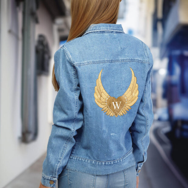 Chic Gold Glitter Gems Custom Monogram Angel Wings Denim Jacket