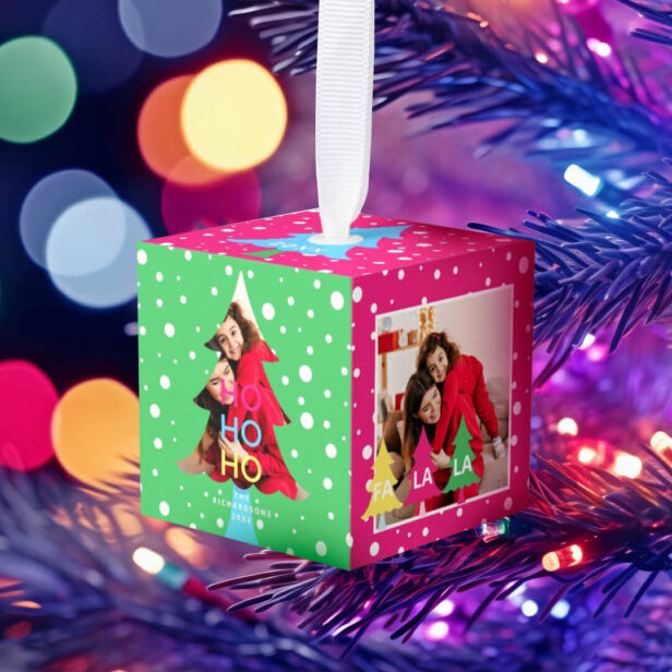 Colourful Bright Neon Fa La Christmas Photo Cube Ornament