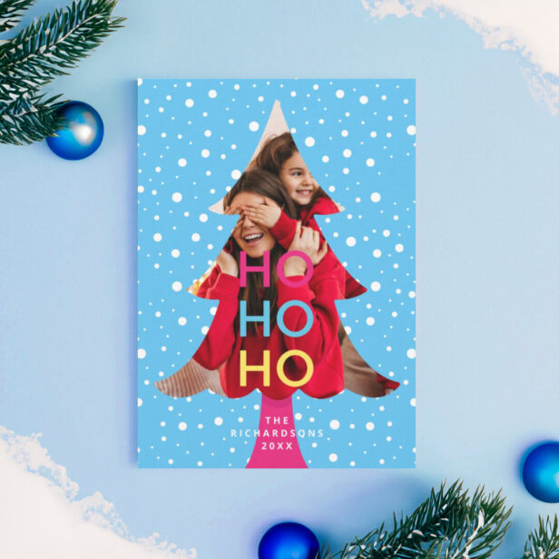 Colourful Bright Neon Ho Ho Christmas Photo Blue Holiday Card