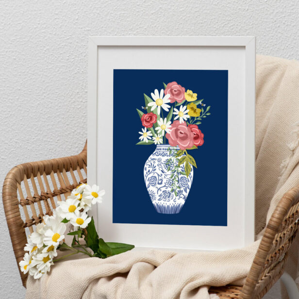 Elegant Blue Pottery Vase And Blooming Flowers Poster