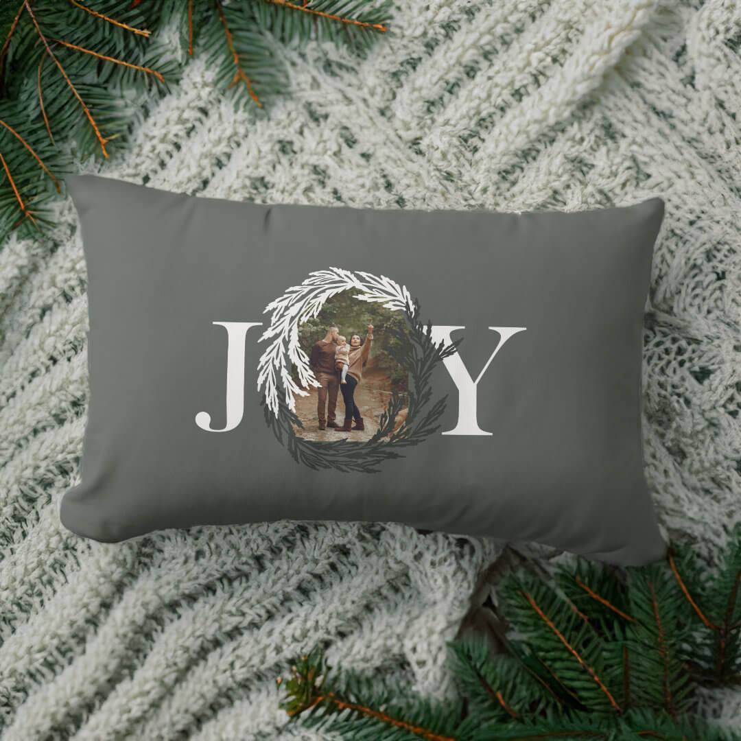 Elegant Joy Winter Garland Photo Wreath Monogram Lumbar Pillow