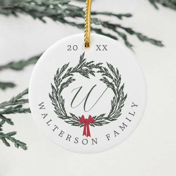 Elegant Winter Garland Wreath Monogram Crest Photo Ceramic White Ornament