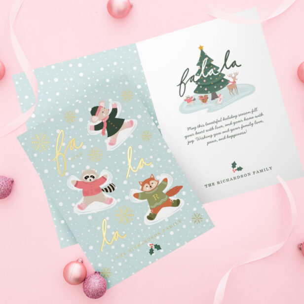Fa La La Snow Angel Woodland Animals Fun Winter Foil Greeting Card