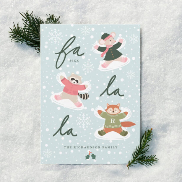 Fa La La Snow Angel Woodland Animals Fun Winter Holiday Card