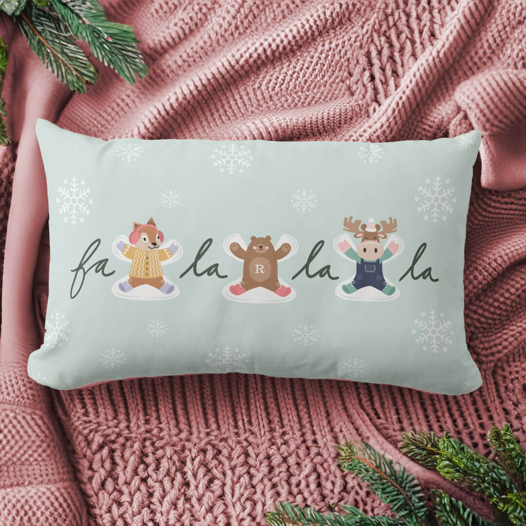 Fa La La Snow Angel Woodland Animals Fun Winter Lumbar Pillow