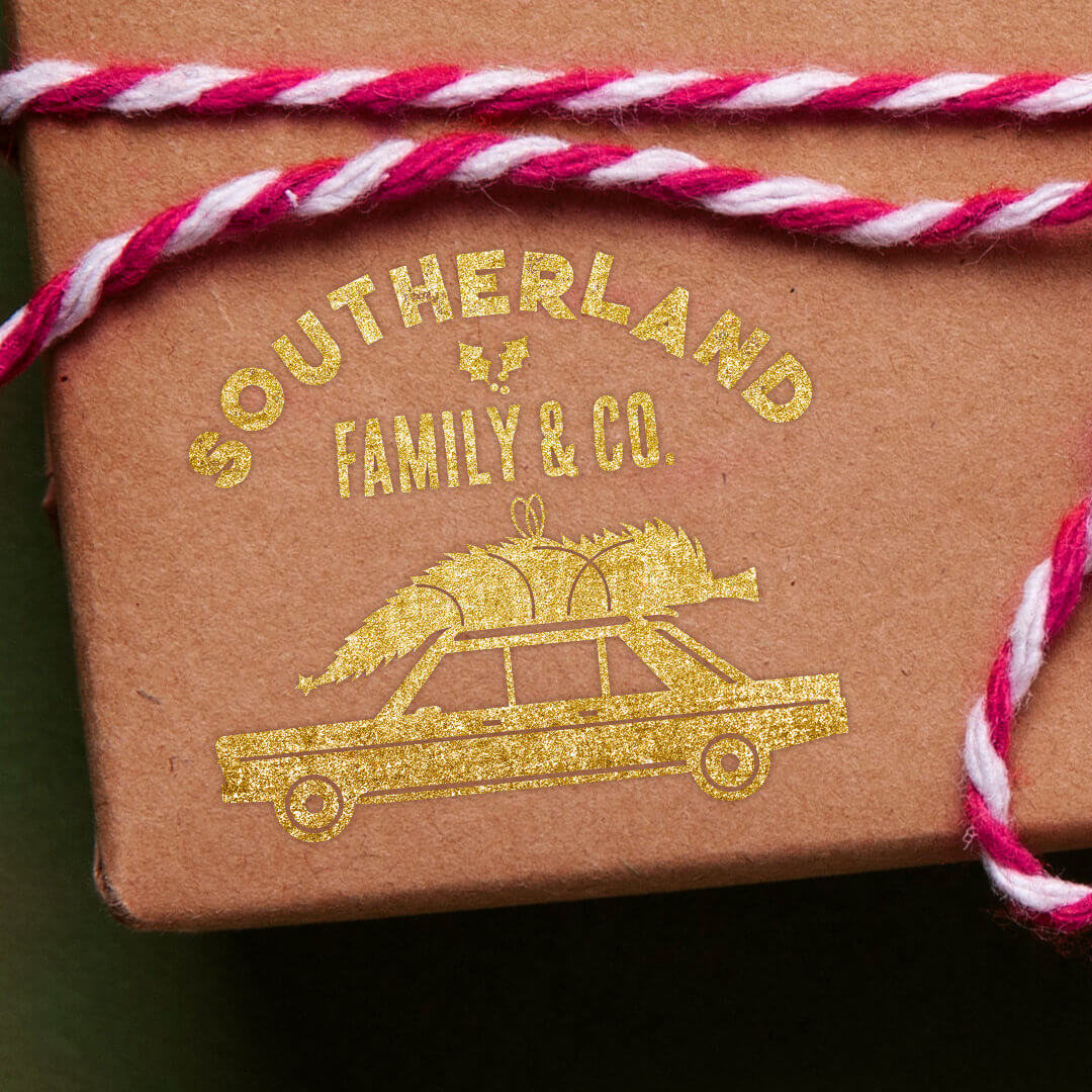 Family Pink Retro Vintage Car Christmas Tree Rubber Stamp