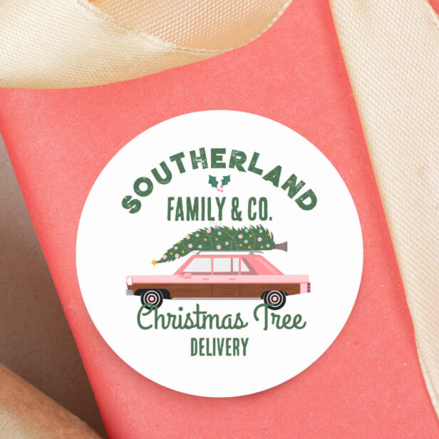 Family Pink Vintage Car Christmas Tree Delivery White Classic Round Sticker