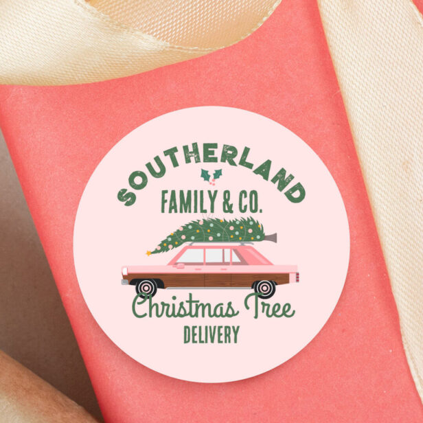 Family Pink Vintage Car Christmas Tree Delivery Pink Classic Round Sticker