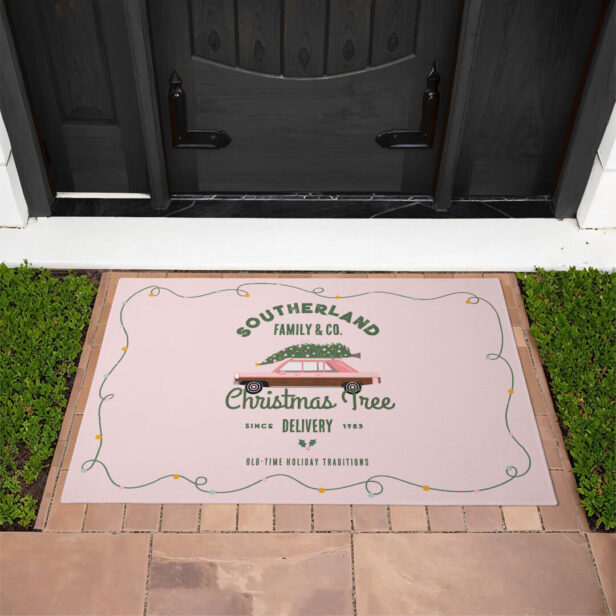 Family Pink Vintage Car Christmas Tree Delivery Doormat
