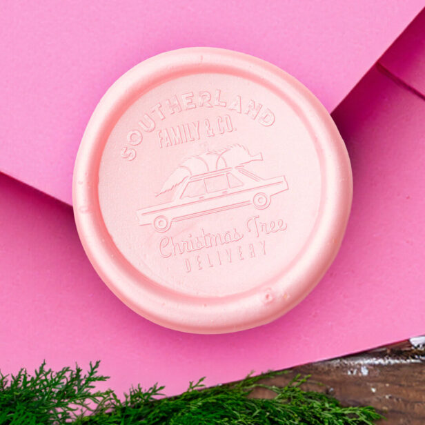 Family Pink Vintage Car Christmas Tree Delivery Wax Seal Sticker