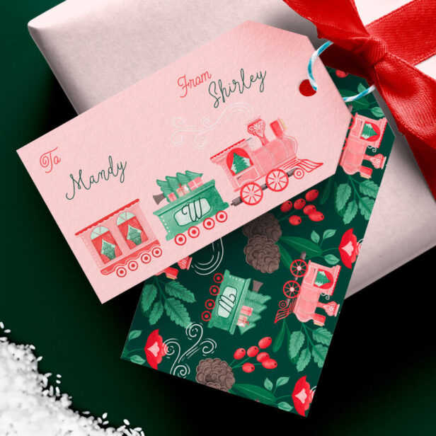 Fun Monogram Vintage Train Christmas Tree Delivery Pink Gift Tags