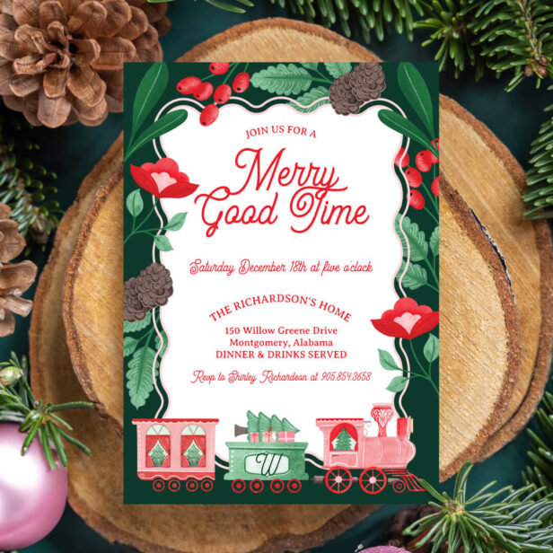 Fun Pink Vintage Train Christmas Tree Delivery Invitation