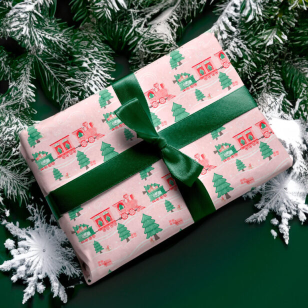 Fun Pink Vintage Train Christmas Tree Delivery Pink Wrapping Paper