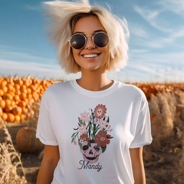 Fun Spooky Blooming Floral Halloween Skull T-Shirt