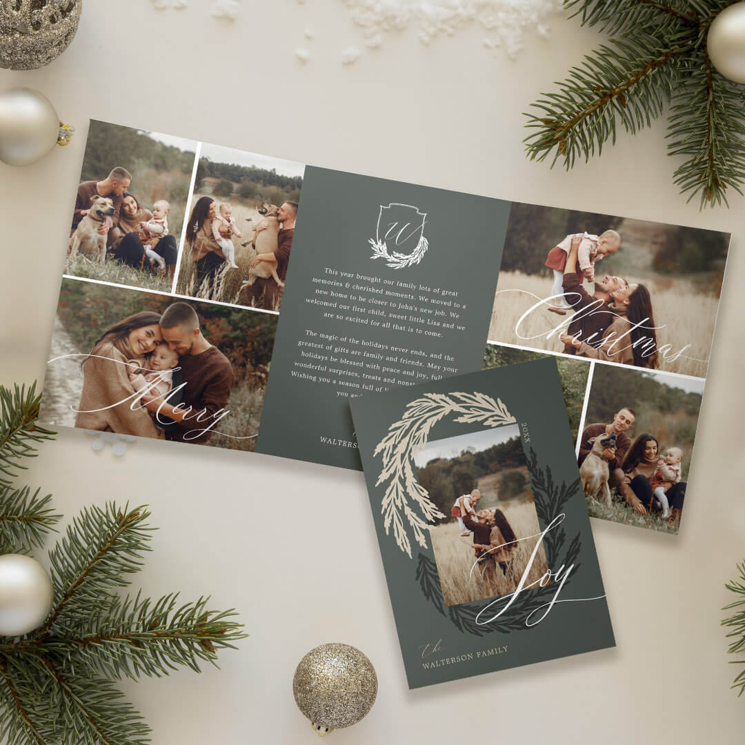 Garland Wreath Monogram Photo Gallery Christmas Tri-Fold Holiday Card