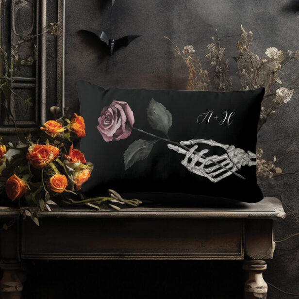 Gothic Halloween Black Wedding Skeleton Hand Rose Black Lumbar Pillow