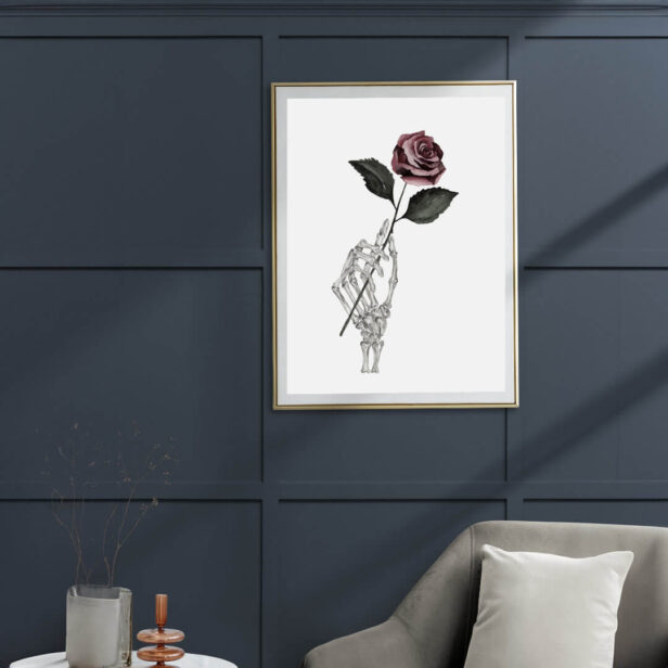 Gothic Watercolor Skeleton Hand Holding Rose Poster