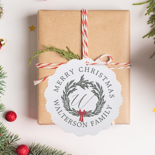 Merry Christmas Garland Wreath Monogram & Photo Ornament Card