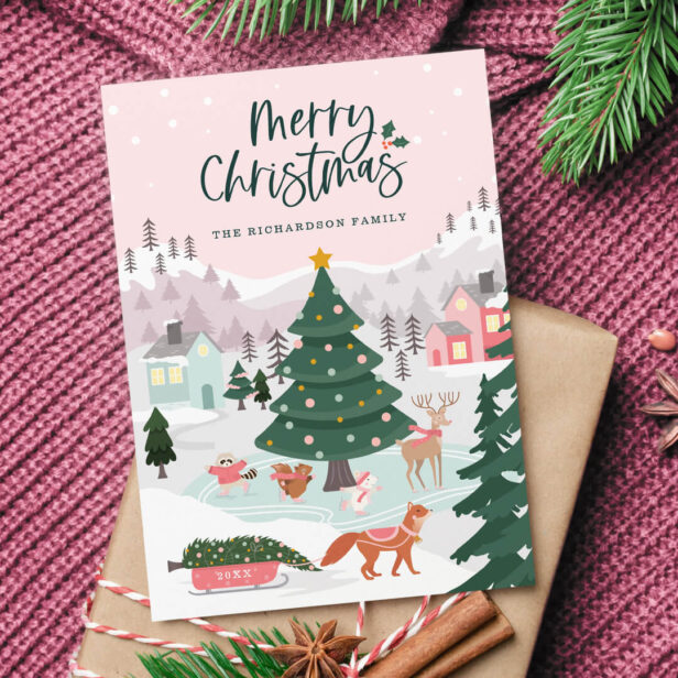 Merry Christmas Winter Wonderland Woodland Animals Holiday Card
