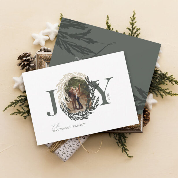 Minimal Elegant Joy Winter Garland Photo Wreath White Holiday Card
