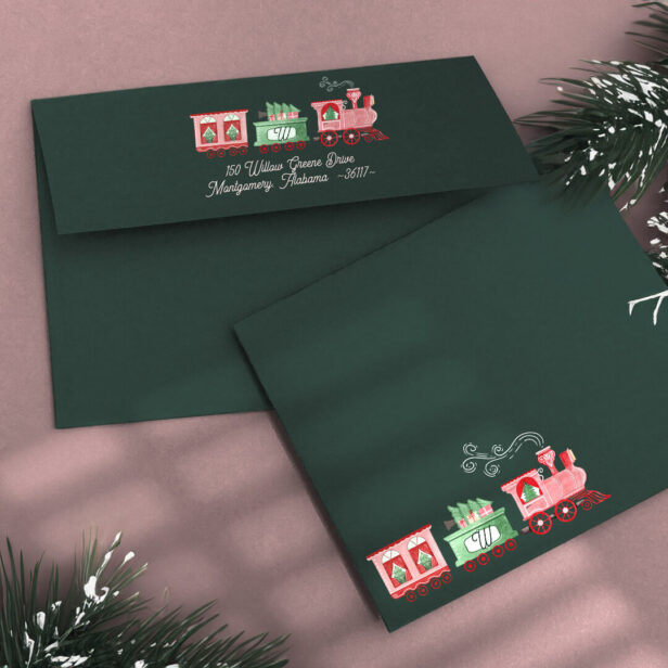 Monogram Vintage Train Christmas Tree Delivery Green Envelope