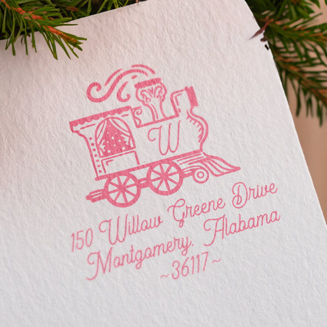 Monogram Vintage Train Christmas Tree Delivery Rubber Stamp