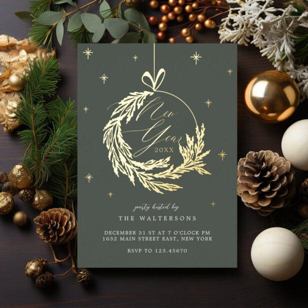 New Year Party Elegant Garland Holiday Ornament Foil Invitation