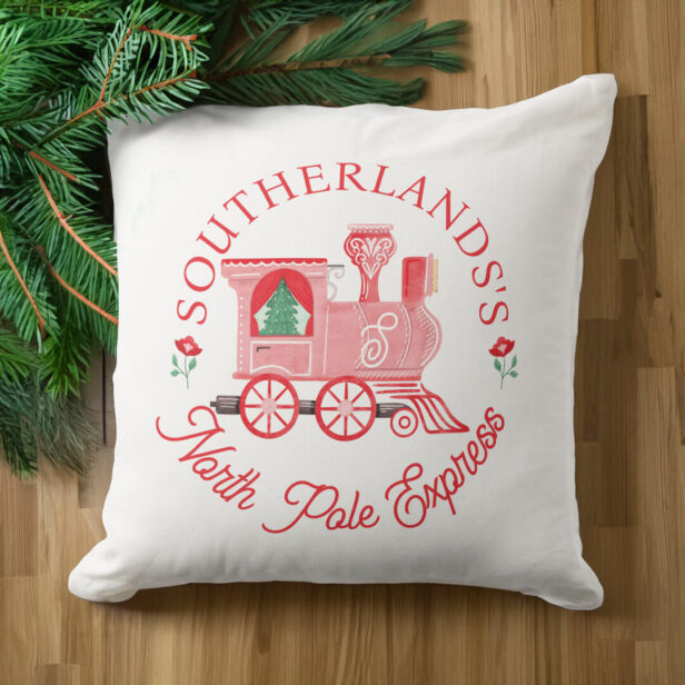 North Pole Express Pink Vintage Train Monogram Throw Pillow