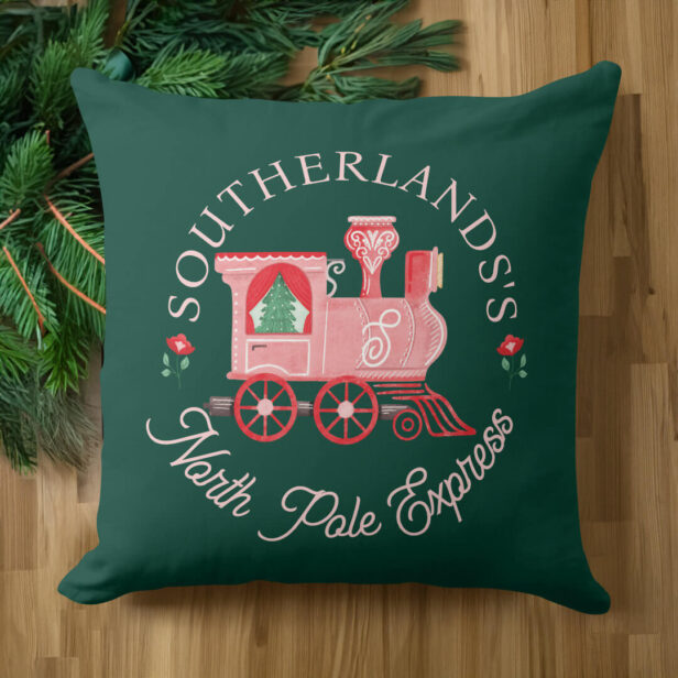 North Pole Express Pink Vintage Train Monogram Green Throw Pillow