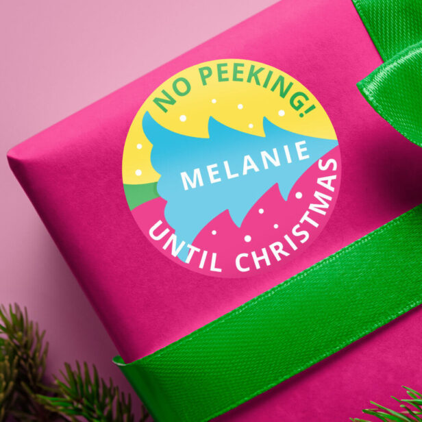 Personalized No Peeking Bright Neon Christmas Tree Classic Round Sticker