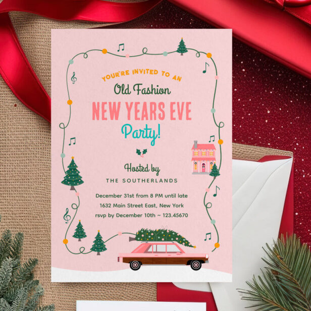 Pink Retro Car Old Fashion New Years Eve Party Pink Invitation
