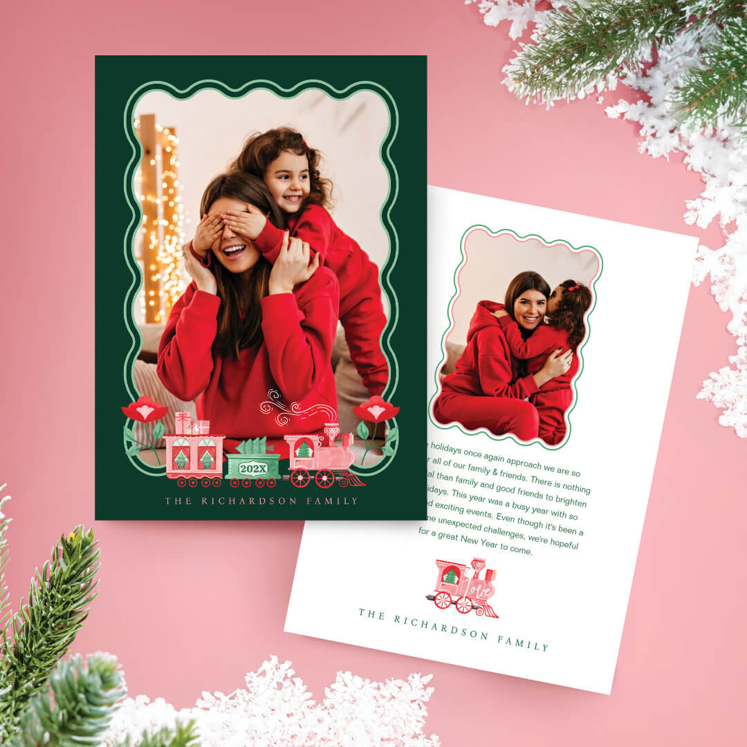 Pink Vintage Train Christmas Tree Delivery Photo Green Holiday Card