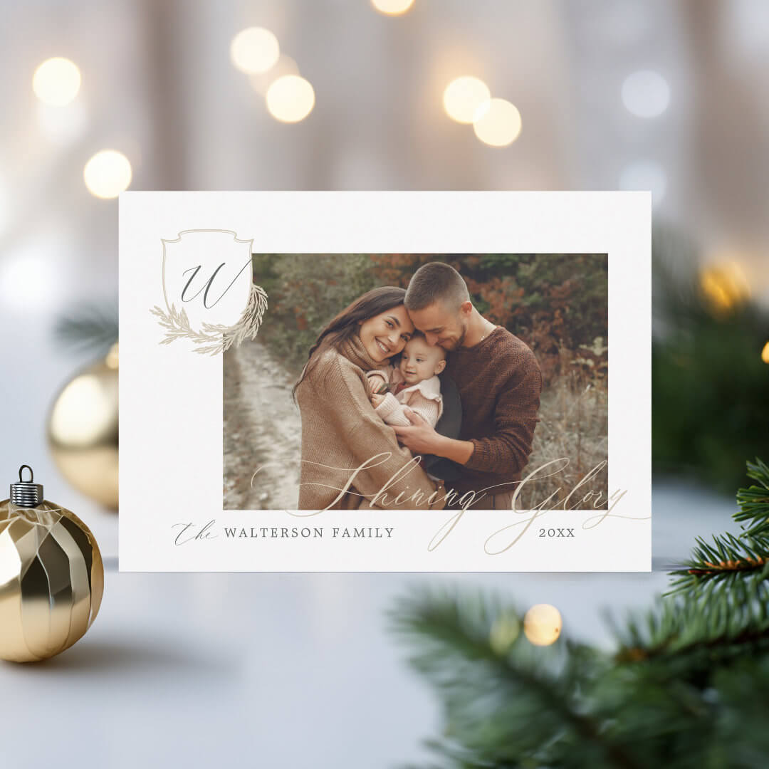 Shining Glory Winter Garland Monogram Crest Photo White Holiday Card