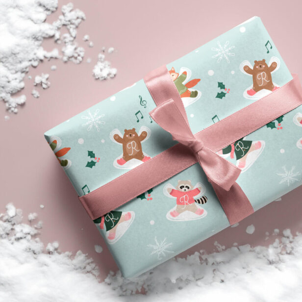 Snow Angel Woodland Forest Animals Monogram Wrapping Paper