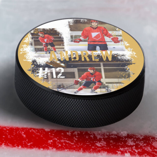 Sporty Custom Player Name & Number 3 Photo Collage Hockey Puck