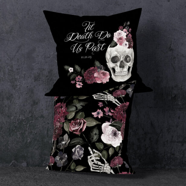 Til Death Do Us Part Watercolor Skeleton Rose Goth Black Throw Pillow